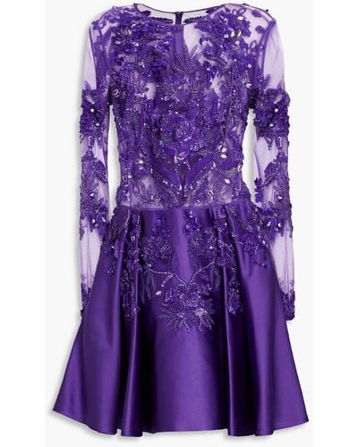 Zuhair Murad Embellished Silk-blend Tulle And Satin Mini Dress - Purple