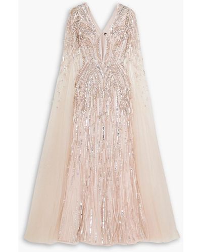Jenny Packham Cape-effect Embellished Tulle And Satin Gown - Pink