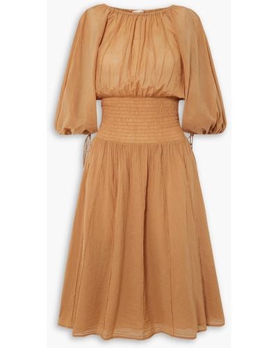 Skin Barrie Shirred Cotton-voile Midi Dress - Brown