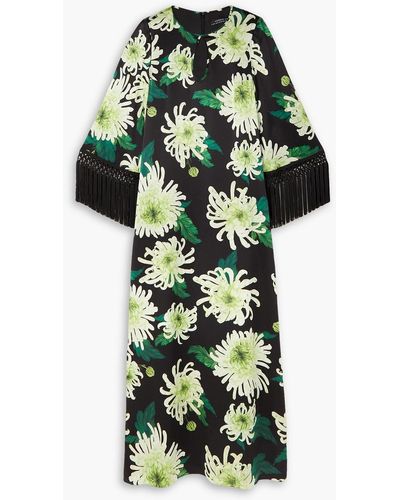 Andrew Gn Cutout Fringed Floral-print Silk-satin Gown - Green