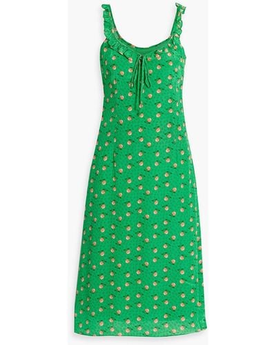 HVN Danica Ruffled Printed Crepe De Chine Midi Dress - Green