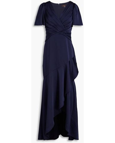THEIA Ruffled Pleated Satin Gown - Blue
