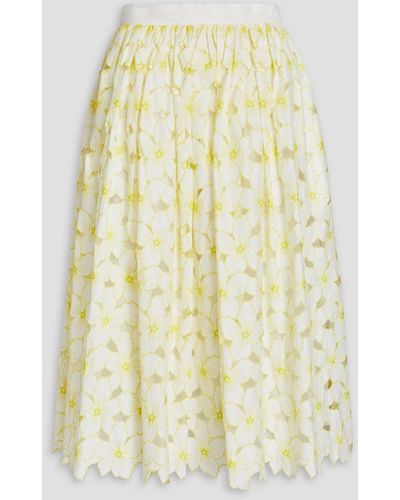 RED Valentino Embroidered Gathered Cotton-blend Midi Skirt - Yellow