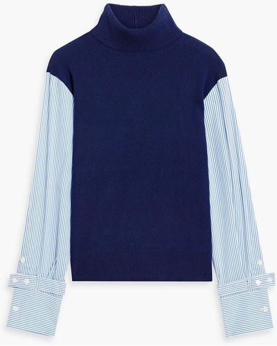 10 Crosby Derek Lam Corinne Striped Poplin-paneled Wool-blend Turtleneck Sweater - Blue