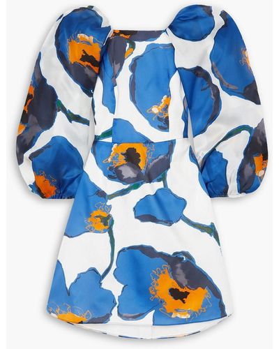 Carolina Herrera Gathered Floral-print Duchesse Silk-satin Mini Dress - Blue