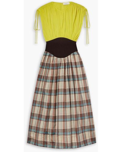 Tory Burch Checked Silk Crepe De Chine, Woven And Sateen Midi Dress - Yellow