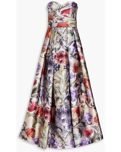 THEIA Strapless Pleated Floral-print Faille Gown - White