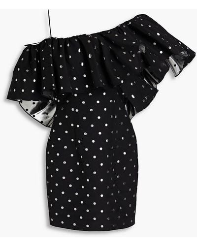 Rasario One-shoulder Ruffled Metallic Polka-dot Jacquard Mini Dress - Black