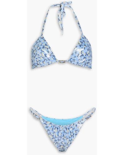 Alessandra Rich Crystal-embellished Floral-print Stretch-lamé Halterneck Triangle Bikini - Blue