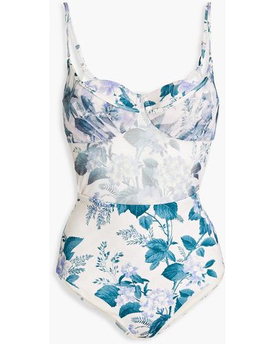 Zimmermann Mesh-paneled Cutout Floral-print Underwired Swimsuit - Blue