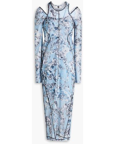 McQ Cutout Printed Stretch-mesh Midi Dress - Blue