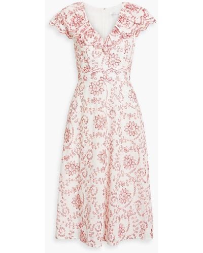Mikael Aghal Ruffled Broderie Anglaise Midi Dress - Pink