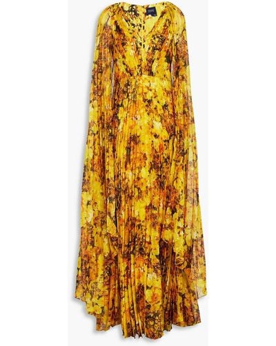 Marchesa Cape-effect Pleated Floral-print Chiffon Gown - Yellow