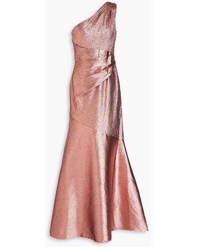 THEIA One-shoulder Ruched Lamé Gown - Pink