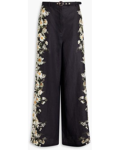 Zimmermann Floral-print Linen Wide-leg Pants - Black