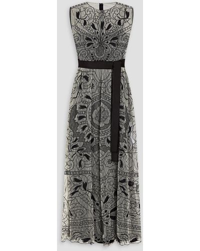 RED Valentino Belted Embroidered Point D'espirit Midi Dress - Grey
