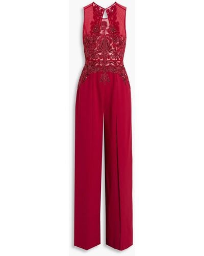 Zuhair Murad Embellished Silk-blend Tulle And Crepe Wide-leg Jumpsuit - Red