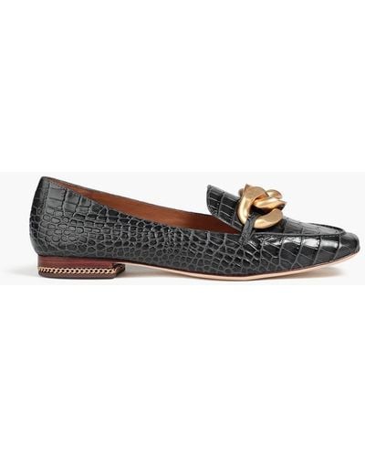 Tory Burch Ruby Embellished Croc-effect Leather Loafers - Grey