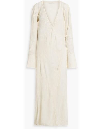 Savannah Morrow Sky Belted Plissé Bamboo And Silk-blend Maxi Wrap Dress - White