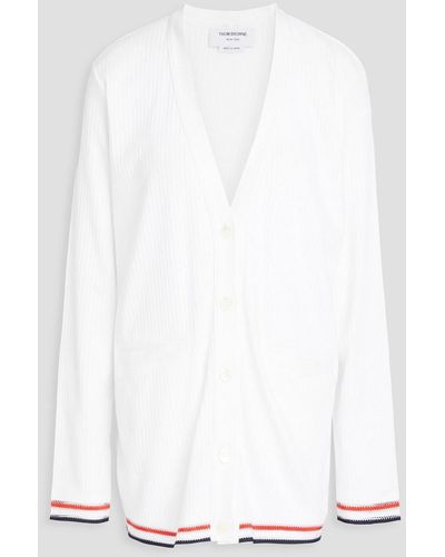 Thom Browne Gerippter cardigan aus baumwolle mit streifenmuster - Weiß