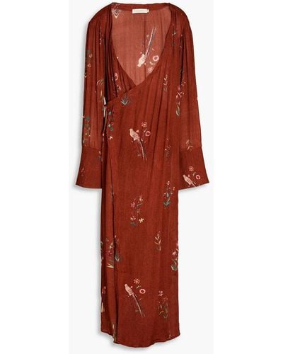 Savannah Morrow Crinkled Floral-print Bamboo And Silk-blend Maxi Wrap Dress - Red