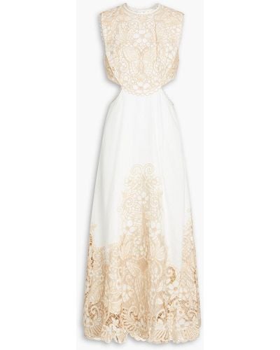 Zimmermann Guipure Lace-paneled Linen Midi Dress - Natural
