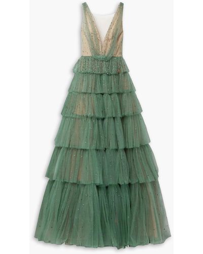 Marchesa Tiered Crystal-embellished Tulle Gown - Green