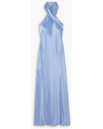 Galvan London Satin Halterneck Midi Dress - Blue