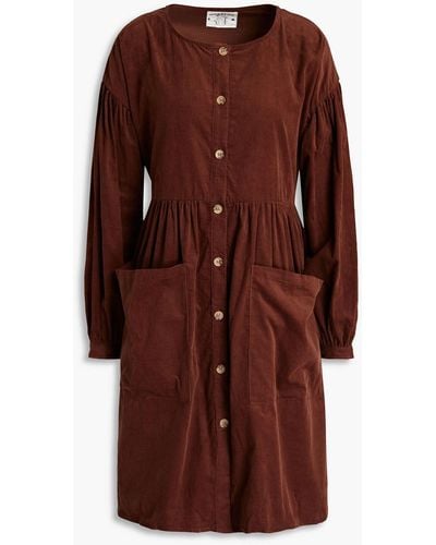 Meadows Gathered Organic Cotton-corduroy Dress - Brown