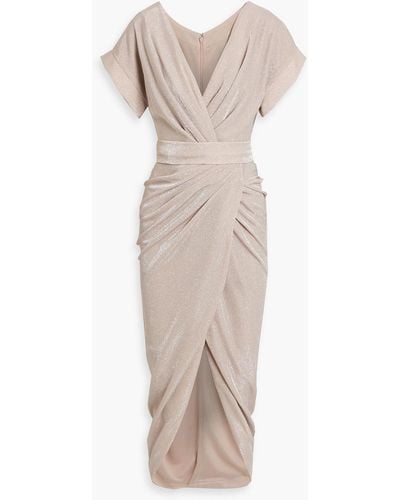 Rhea Costa Wrap-effect Draped Glittered Jersey Midi Dress - Natural