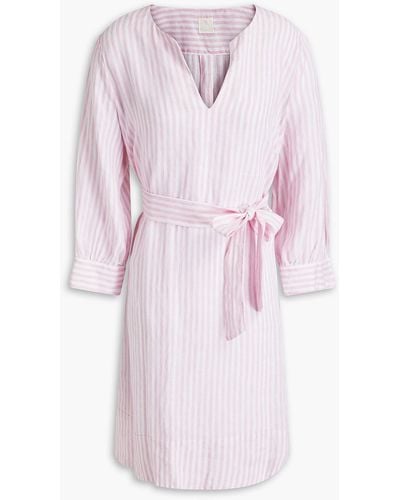 120% Lino Belted Striped Linen Mini Shirt Dress - Pink