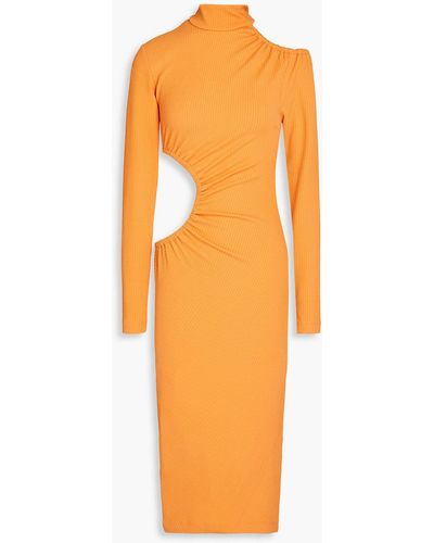ROTATE BIRGER CHRISTENSEN Ruched Cutout Ribbed Jersey Dress - Orange