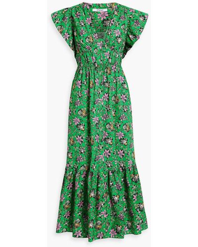 10 Crosby Derek Lam Greta Gathered Floral-print Cotton-blend Poplin Midi Dress - Green