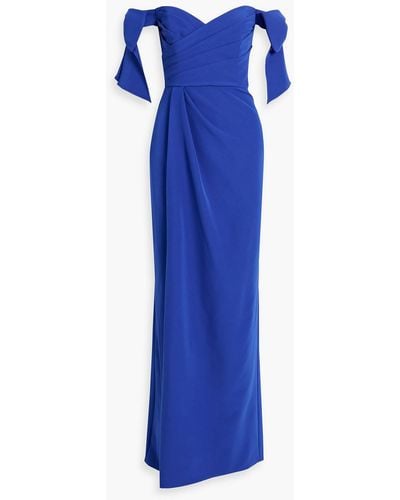 Marchesa Off-the-shoulder Bow-embellished Crepe Gown - Blue