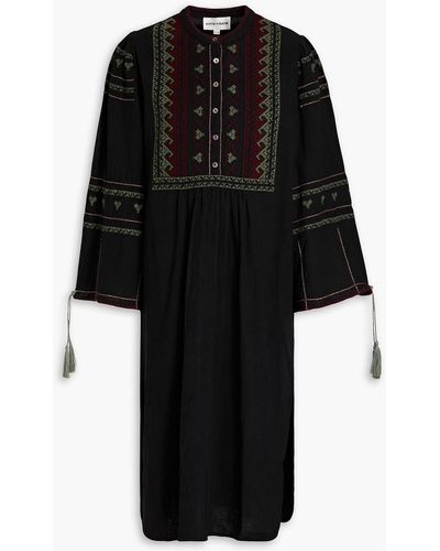 Antik Batik Kleid aus baumwolle mit stickereien und troddeln - Schwarz