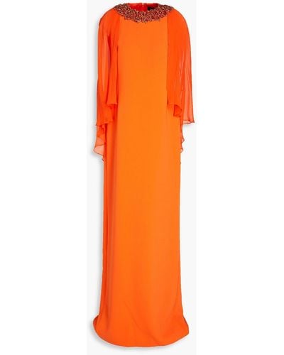 Jenny Packham Cape-effect Chiffon And Crepe Gown - Orange