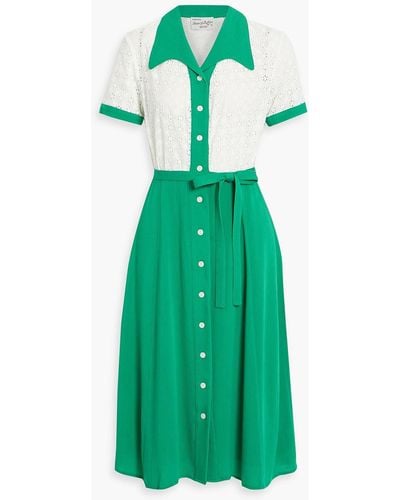 HVN Rio Broderie Anglaise Cotton And Crepe Midi Shirt Dress - Green