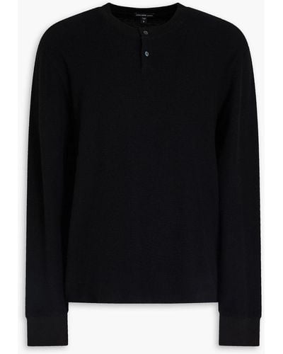 James Perse Brushed Waffle-knit Cotton And Cashmere-blend Henley T-shirt - Black