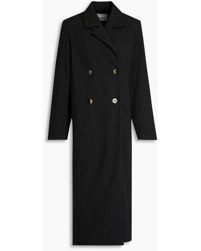 Ganni Double-breasted Pinstriped Twill Coat - Black