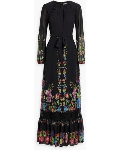 Mikael Aghal Lace-trimmed Floral-print Chiffon Maxi Dress - Black