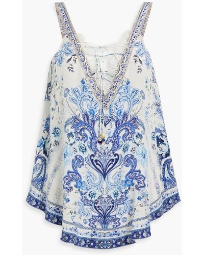 Camilla Embellished Lace-up Printed Silk Crepe De Chine Top - Blue