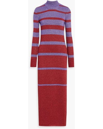 Rabanne Metallic Striped Knitted Turtleneck Maxi Dress - Red