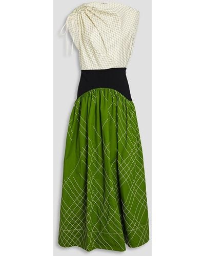 Tory Burch Ruched Crepe-paneled Cotton-twill Maxi Dress - Green