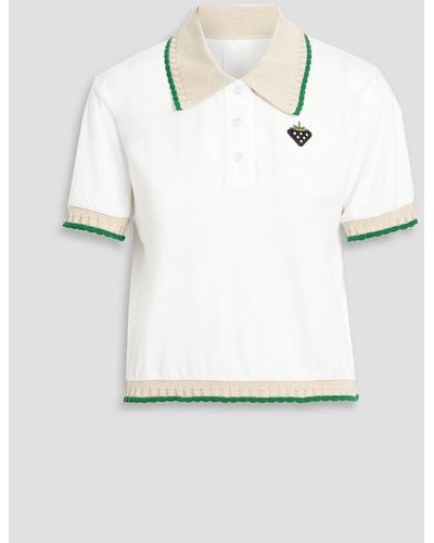 Anna Sui Pointelle-trimmed Appliquéd Cotton-blend Jersey Polo Shirt - White