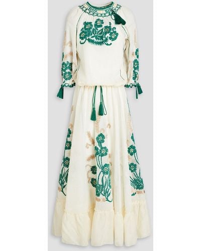RED Valentino Tasselled Embroidered Gauze Maxi Dress - Blue