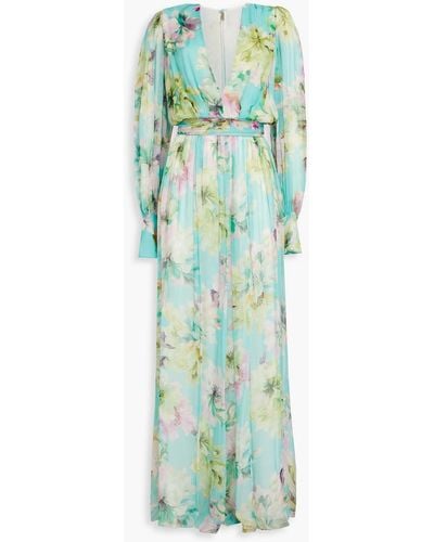 Costarellos Gathered Floral-print Crepon Gown - Green