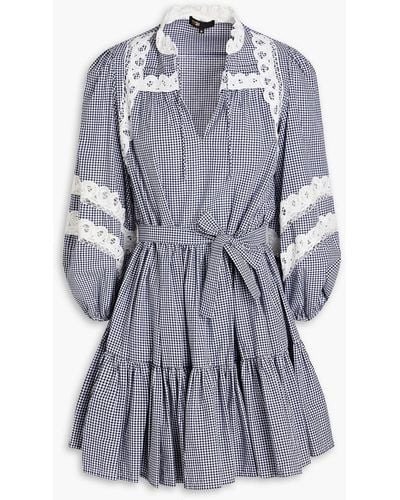Maje Lace-trimmed Tiered Gingham Cotton Mini Dress - Blue