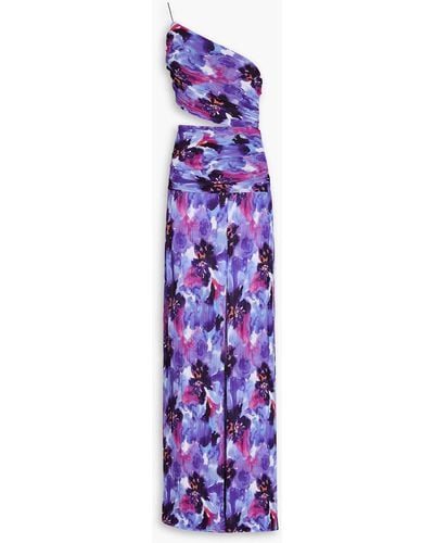 Rebecca Vallance One-shoulder Floral-print Plissé-chiffon Gown - Purple