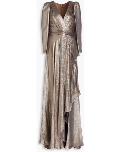 Zuhair Murad Wrap-effect Ruffled Silk-blend Lamé Gown - Natural