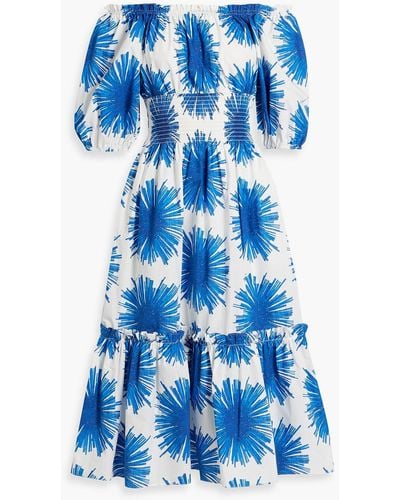 Cara Cara Mimi Off-the-shoulder Printed Cotton-poplin Midi Dress - Blue